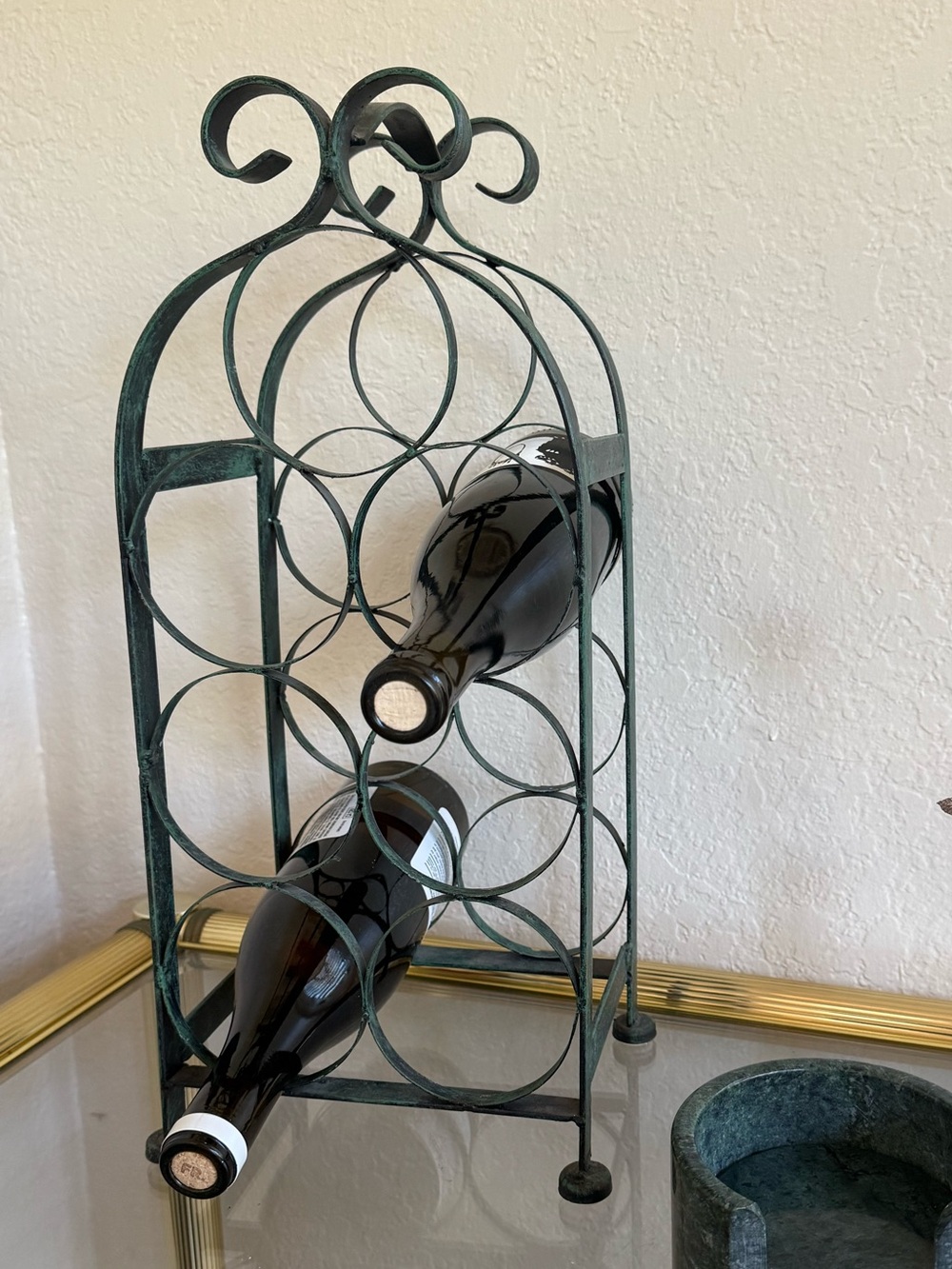 Metal Wine Rack Bottle Holder in Green Patina